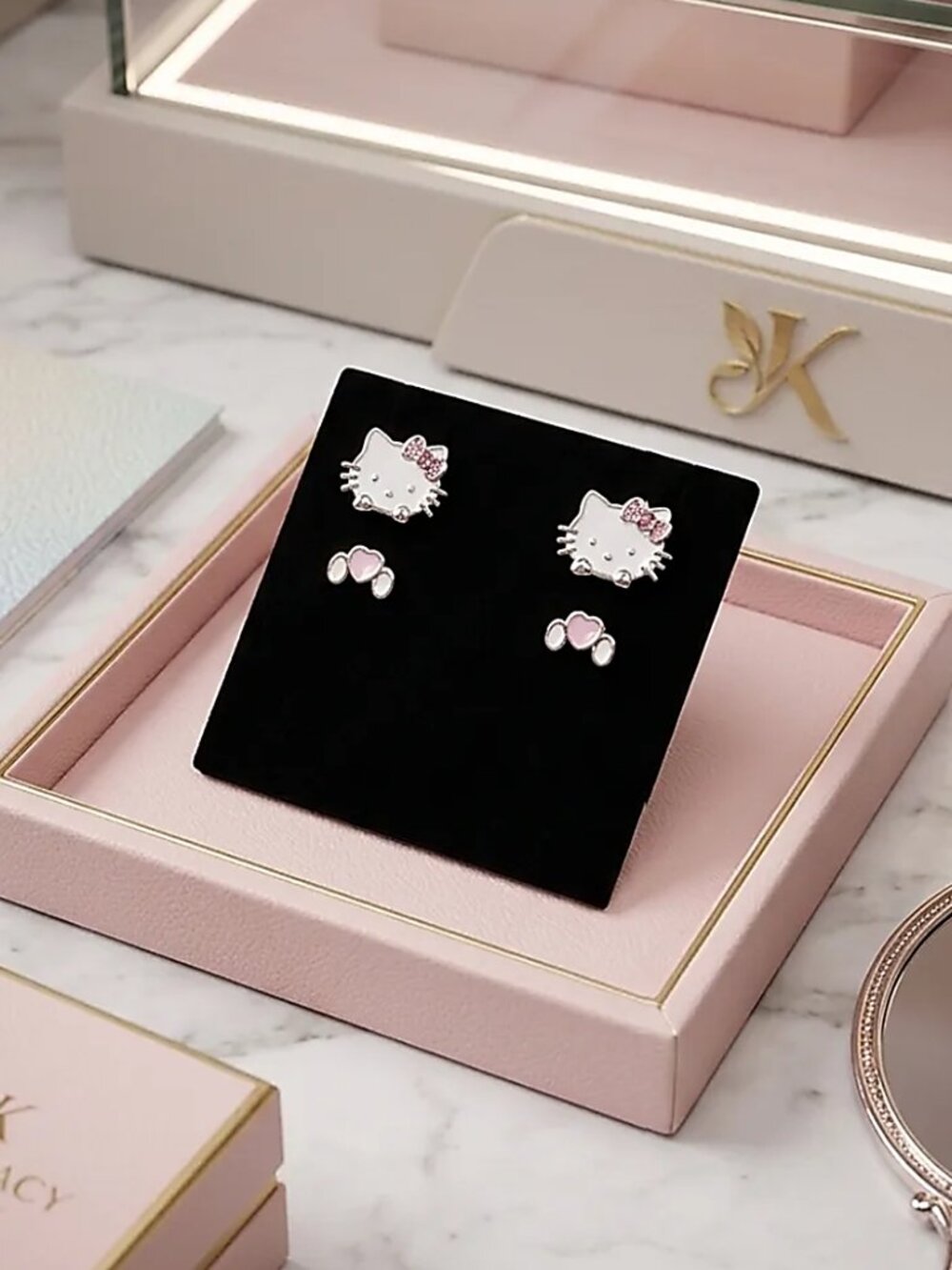 Kitty with 2 pc Pink Bow Stud Earrings | Rhinestone Kawaii Aesthetic Jewelry